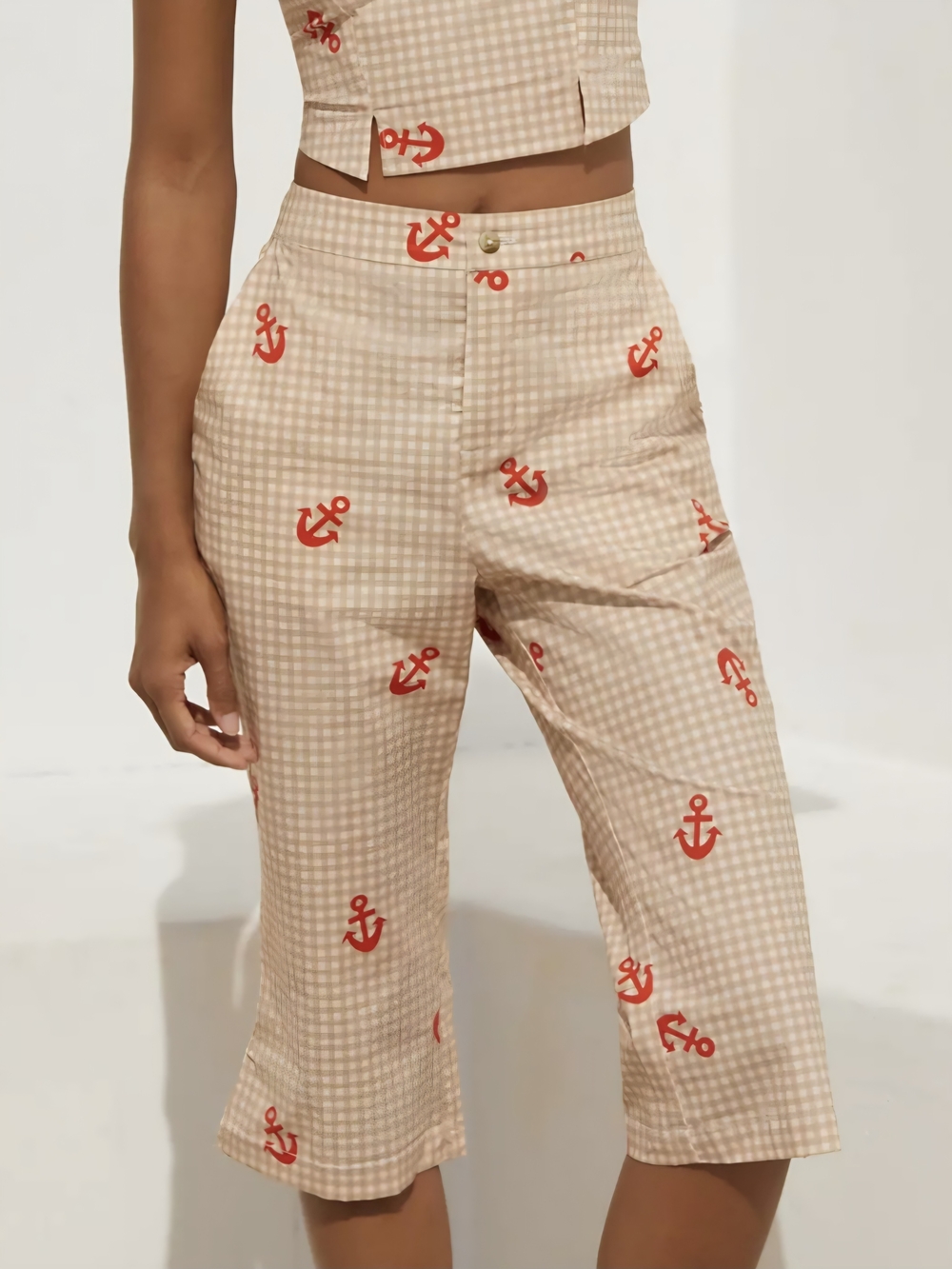 Anthropologie Beige Gingham Cropped Capri Pants with Red Anchor Print